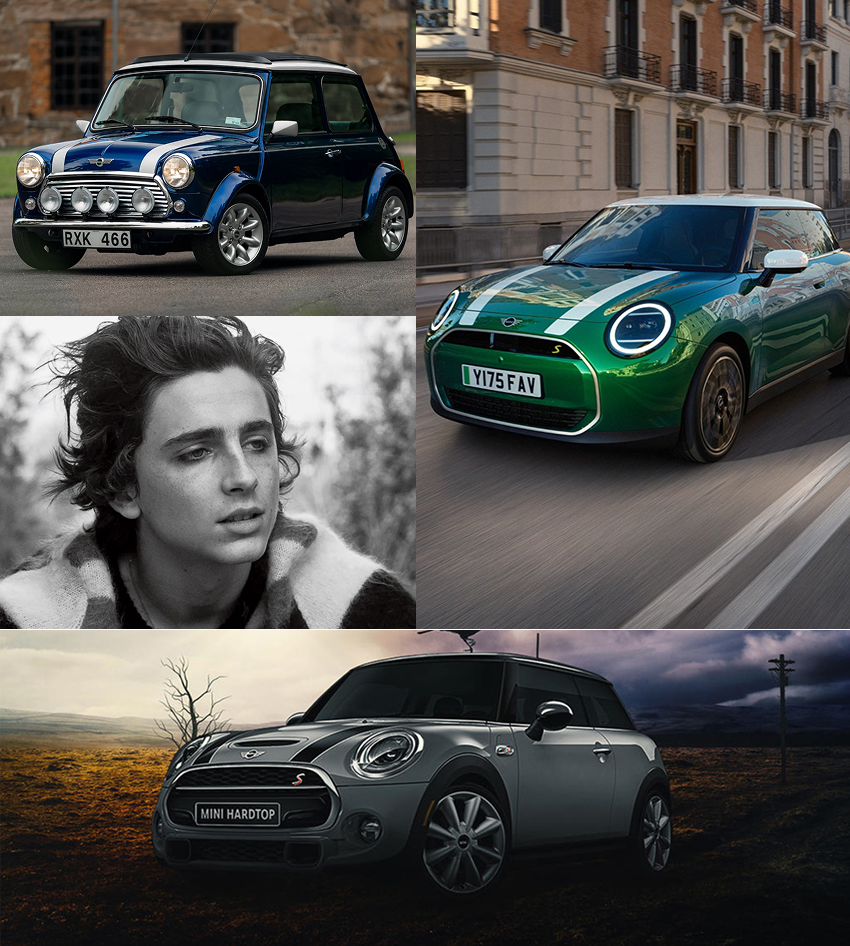 MINI target audience collage showing classic and modern MINI cars alongside brand personality