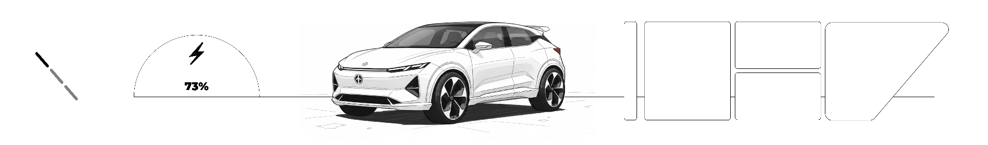 Refined parked-state wireframe — 73% circular energy form anchors the left of the panoramic display, vehicle render centered.