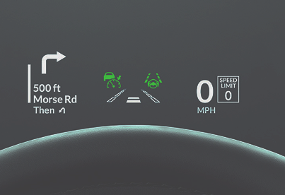 Acura MDX Head-Up Display showing navigation, ADAS icons, and speed limit