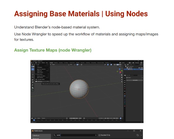 PDF guide page on assigning base materials using nodes in Blender