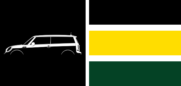 MINI ownable assets: car silhouette graphic and brand colors — black, yellow, racing green