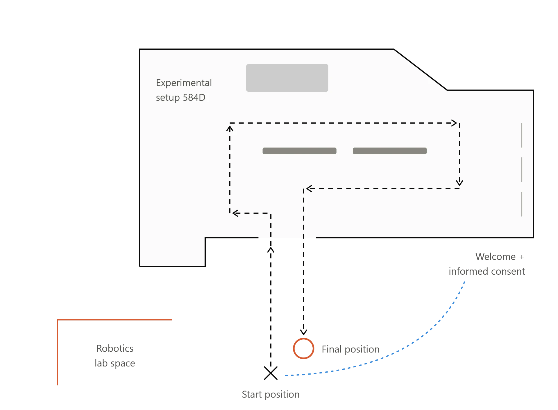 Route trajectory through experimental setup 584D: start position, navigation loop around obstacles, and final position