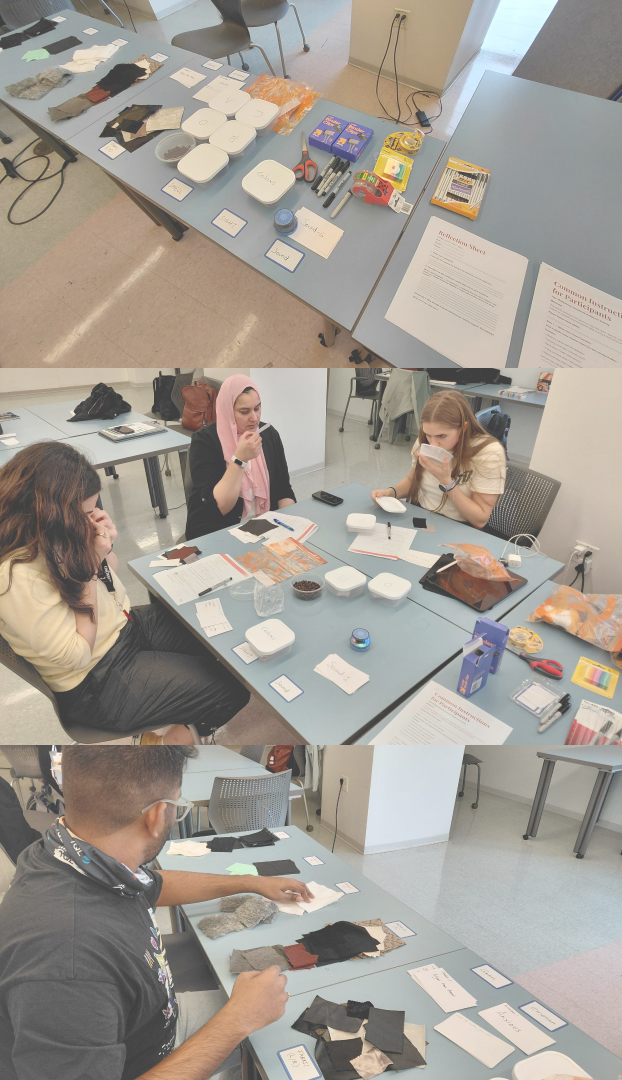 Workshop participants engaging with multisensory materials including fabric swatches, scent containers, and color cards