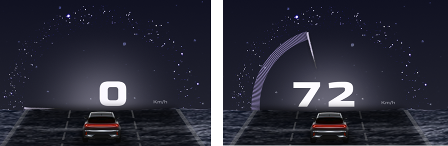 Speed visualization — planetary-inspired arc expanding around large central typography, from 0 to 72 km/h.