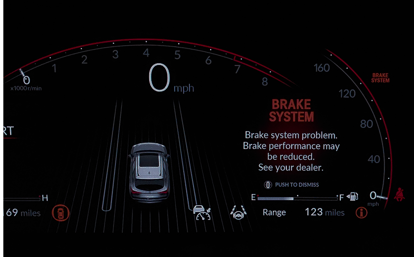 Acura MDX digital cluster showing a red BRAKE SYSTEM warning