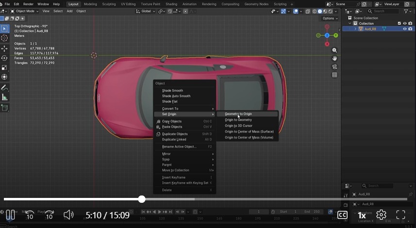 Blender viewport showing polygon reduction on a car model