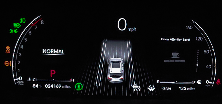 Acura MDX digital instrument cluster showing drive mode, speed, range, and driver attention level