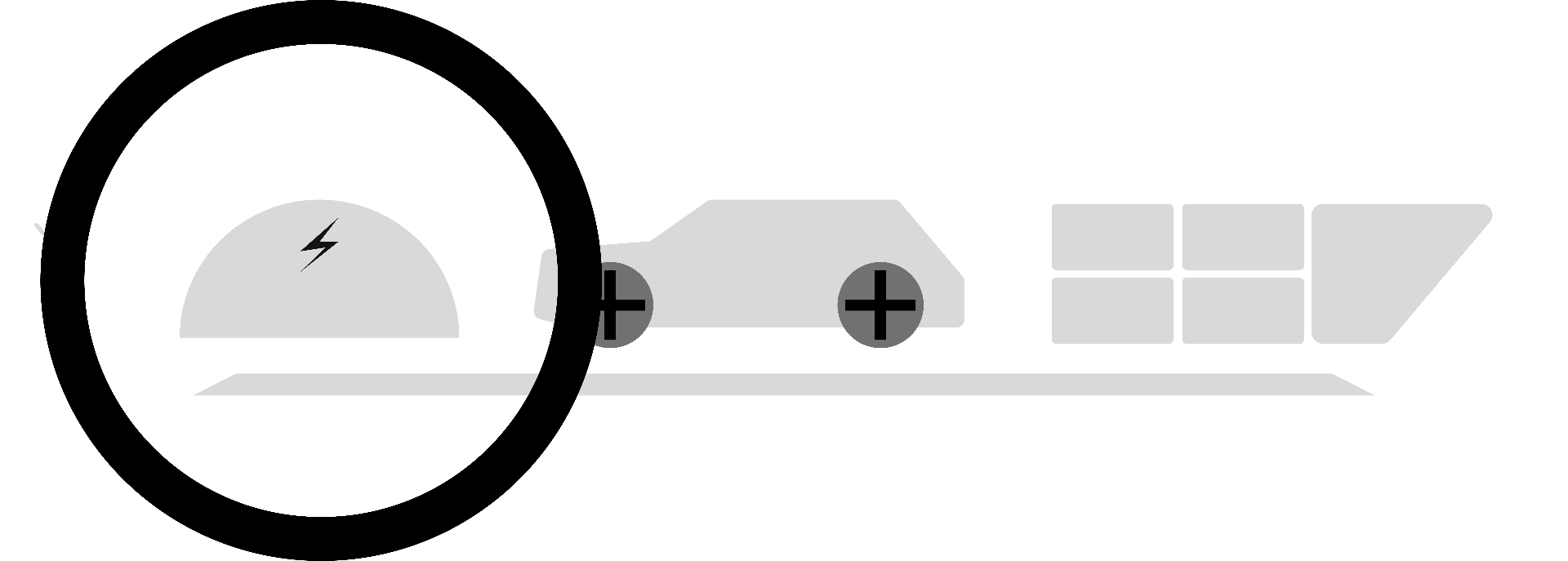 Detail callout — circular energy form magnified to show the bolt iconography and ground plane treatment.