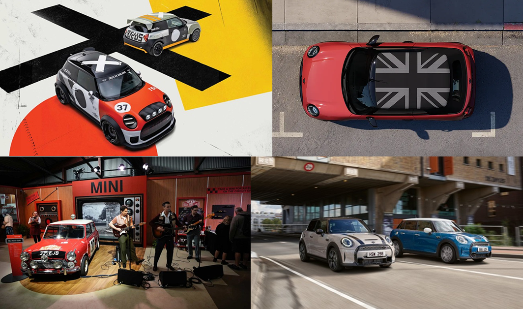 MINI brand collage showing race-inspired styling, Union Jack roof, heritage Cooper and modern lineup
