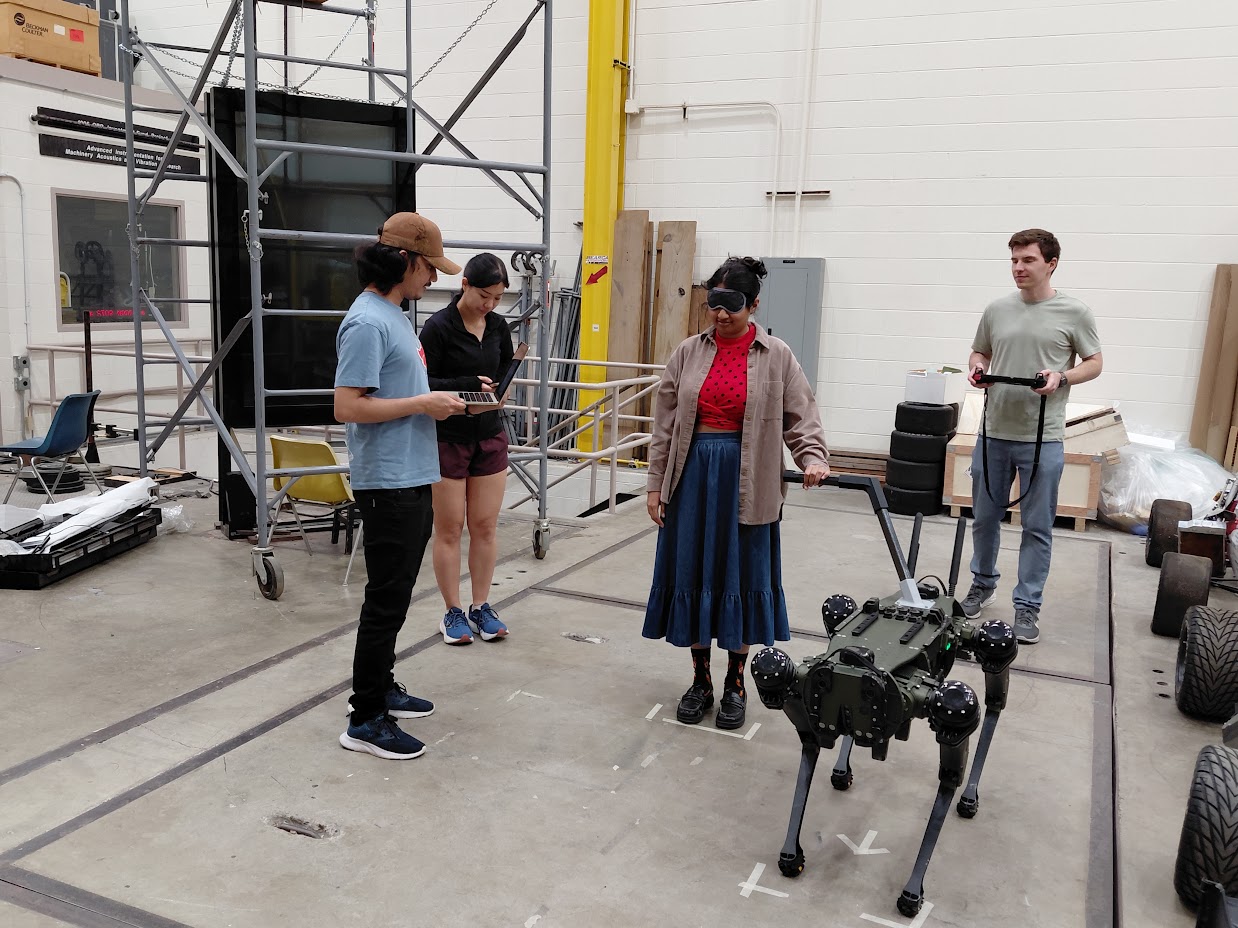 Blindfolded participant guided by a quadruped robot using a rigid handle