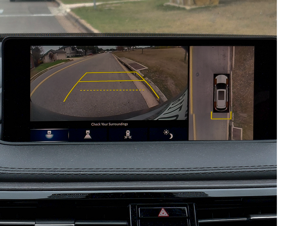 Acura MDX reverse camera with rear view and top-down surround view