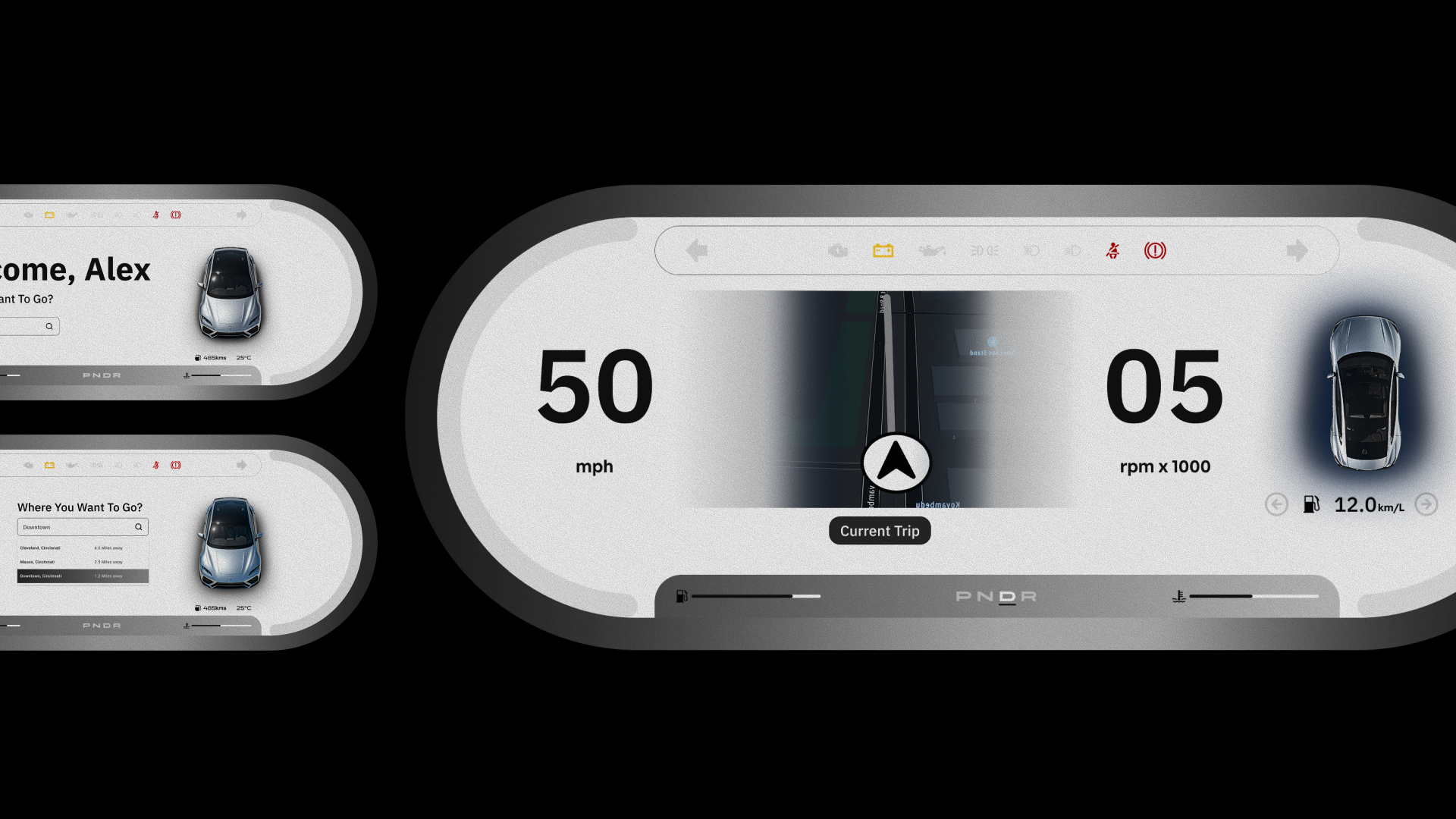 Takeover UX — cluster concepts: welcome screen, destination search, and active driving state with multimodal alert rail.