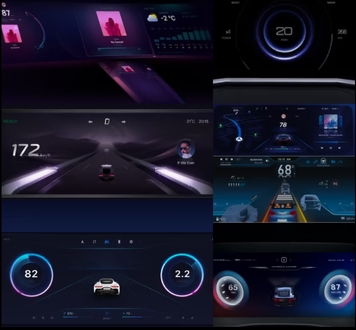 Benchmarking collage of existing HMI dashboards — radial energy meters, navigation interfaces, and spatial glow aesthetics from leading EV brands.