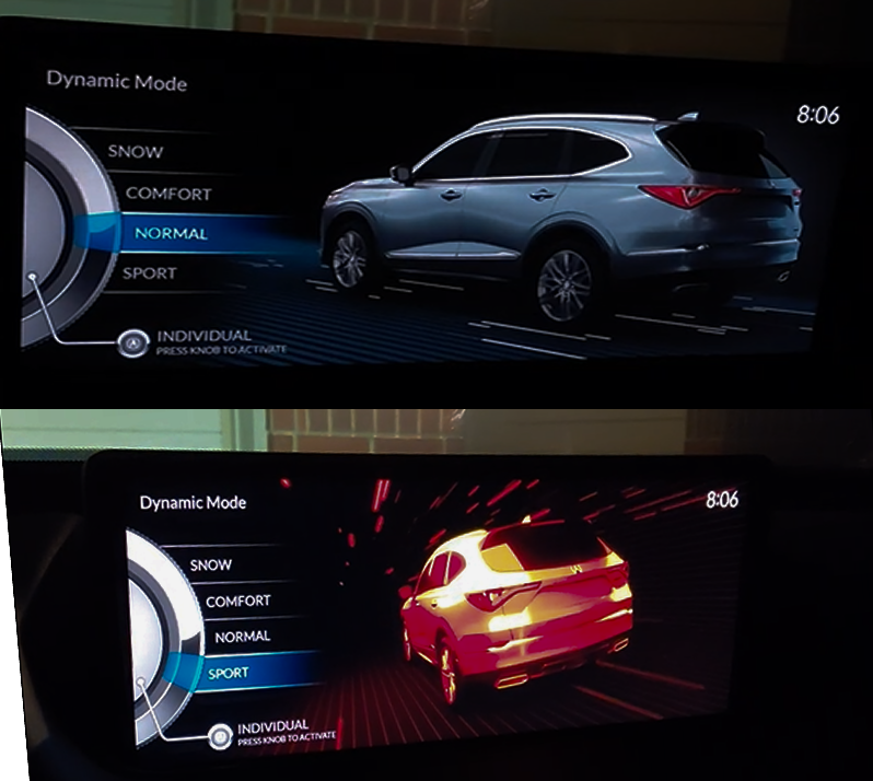 Acura MDX Dynamic Mode selection screen showing Normal and Sport modes