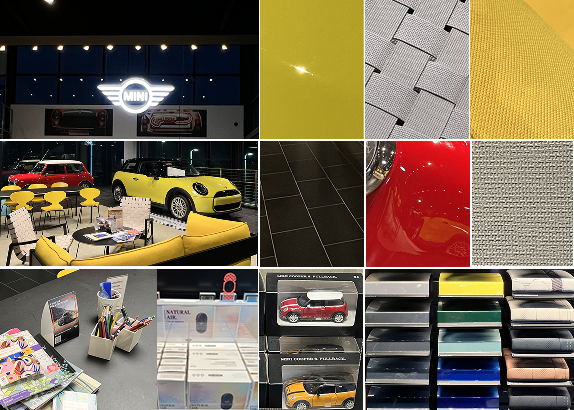MINI showroom retail observation: vehicles, color swatches, materials, accessories and merchandise